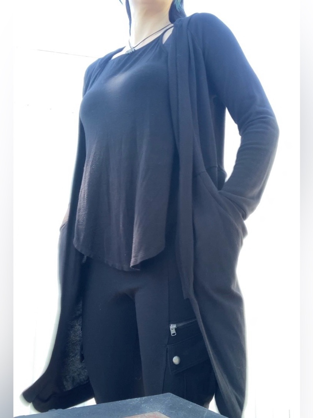 Forever 21 Black Long Sleeve Duster with Hood and Pockets
